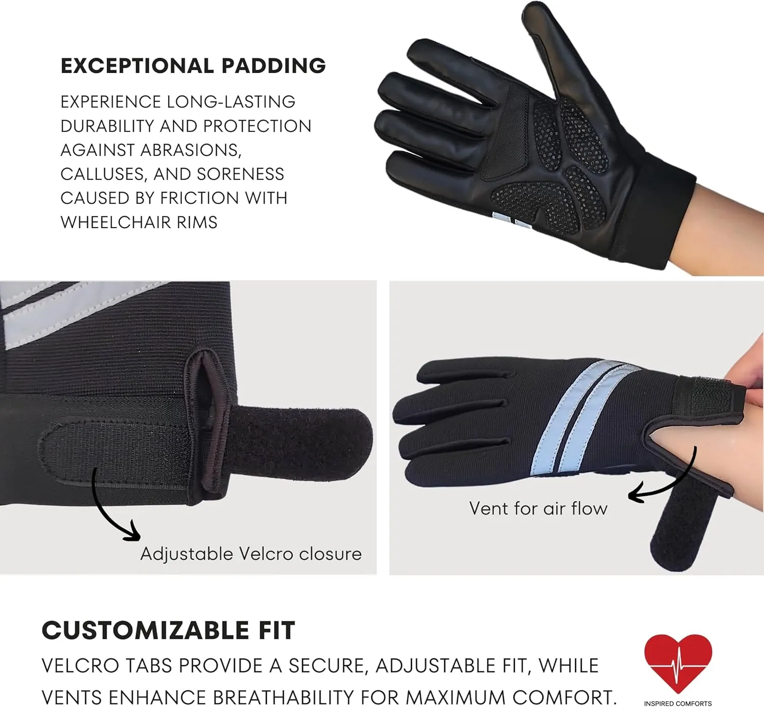 Inspired Comforts Wheelchair Gloves Fingerless Full Thumb with Anti-Slip Grip, Breathable & Reflective