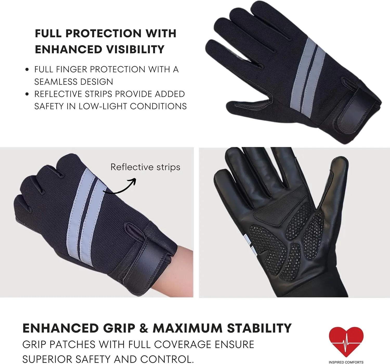 Inspired Comforts Wheelchair Gloves Fingerless Full Thumb with Anti-Slip Grip, Breathable & Reflective