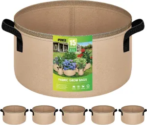 iPower 15 Gallon 5 Pack Grow Bags Nonwoven Fabric Pots Aeration Container with Strap Handles for Garden and Planting, 5-Pack Tan, 15 Gallon