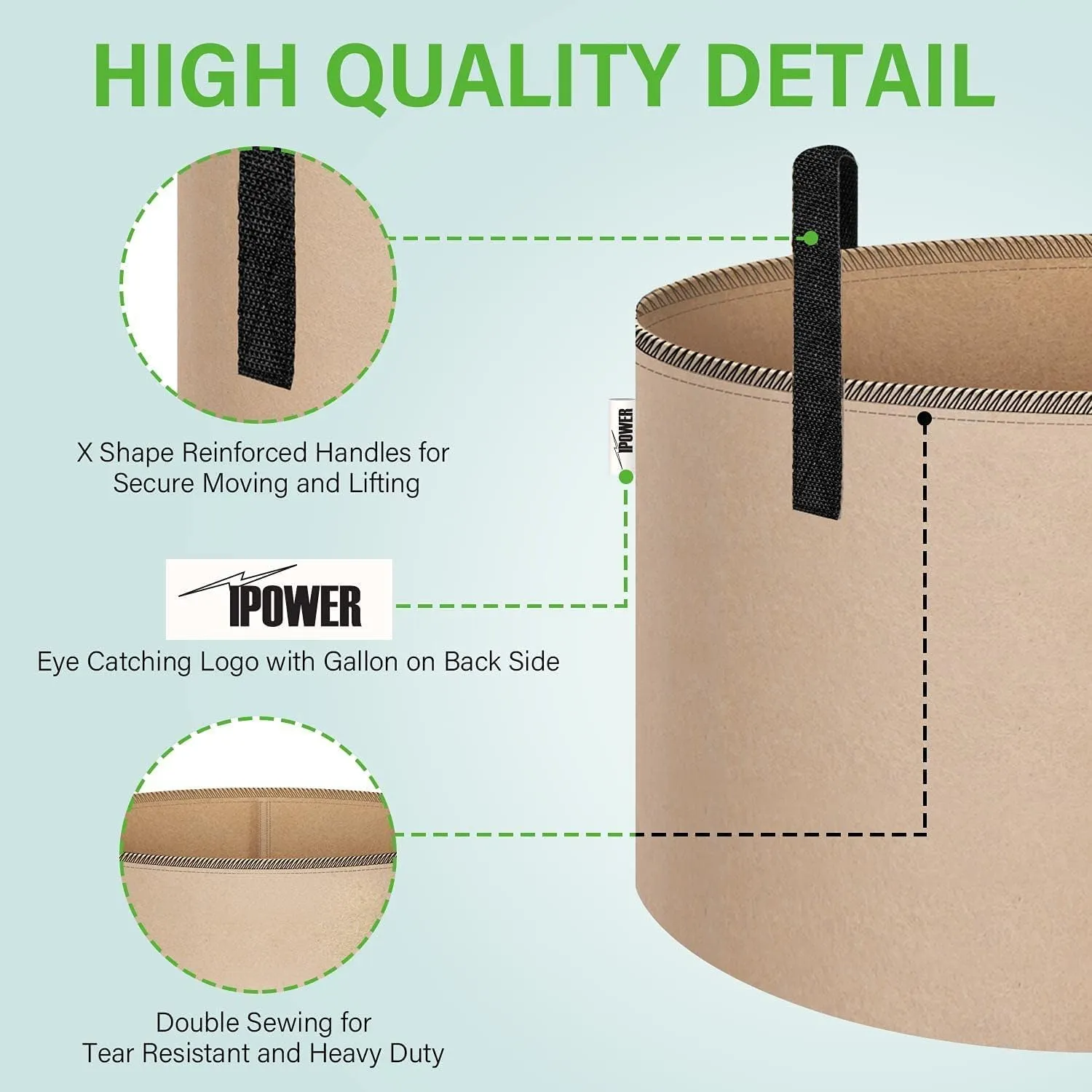 iPower 15 Gallon 5 Pack Grow Bags Nonwoven Fabric Pots Aeration Container with Strap Handles for Garden and Planting, 5-Pack Tan, 15 Gallon
