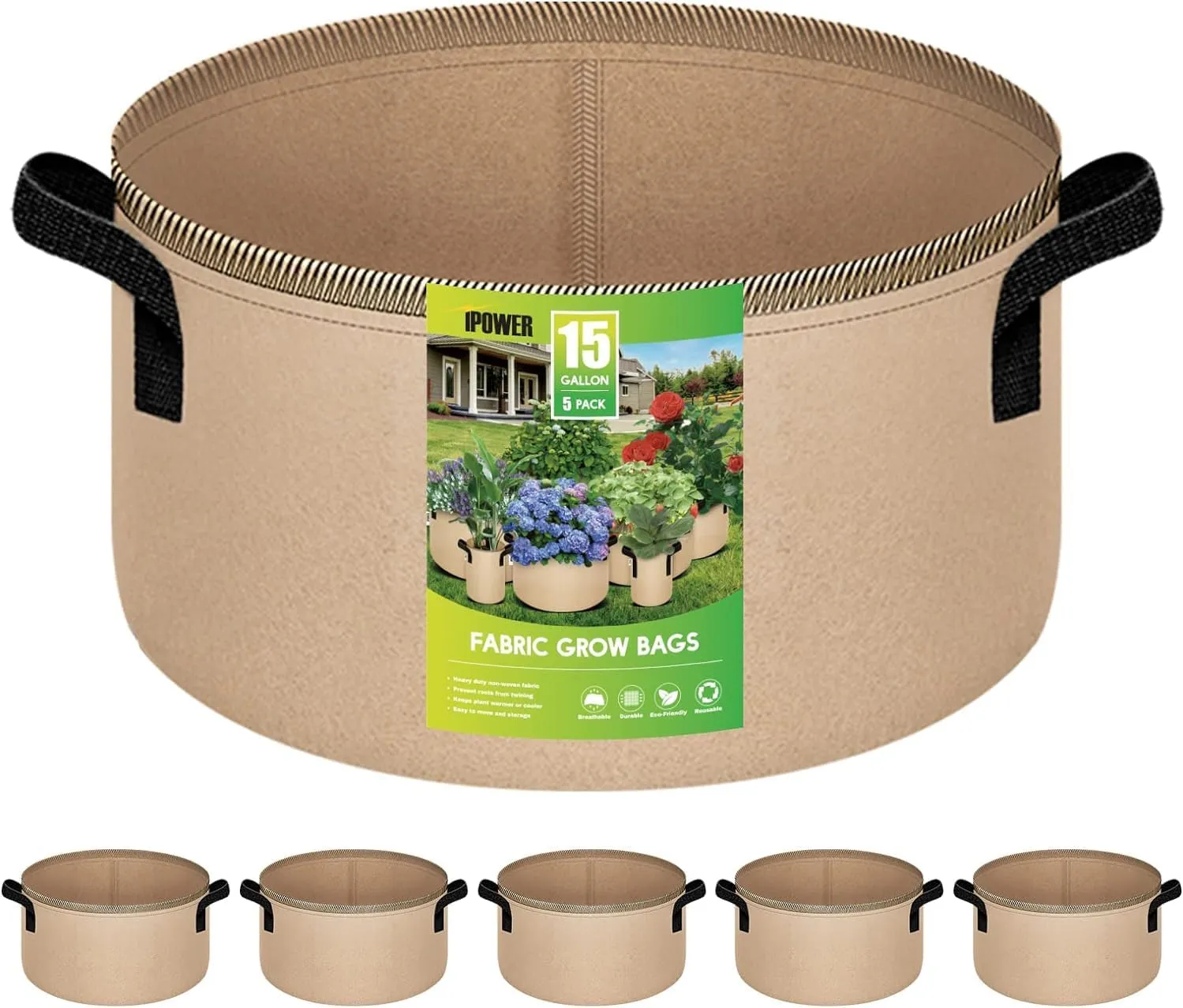 iPower 15 Gallon 5 Pack Grow Bags Nonwoven Fabric Pots Aeration Container with Strap Handles for Garden and Planting, 5-Pack Tan, 15 Gallon