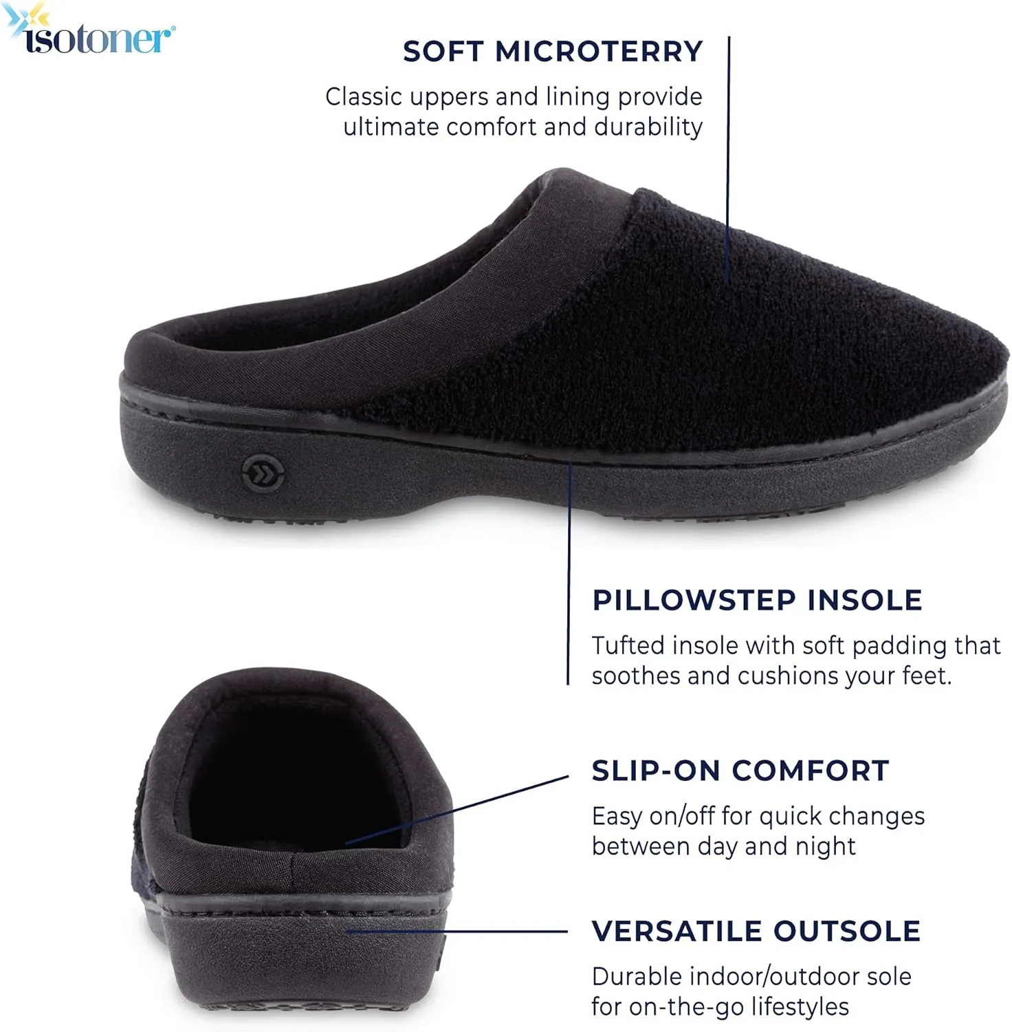 isotoner Women's Terry and Satin Slip on Cushioned Slipper with Memory Foam for Indoor/Outdoor Comfort Flat Sandals