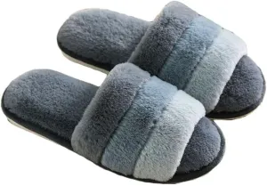 JadeRich Women's Fuzzy Open Toe Plush Slippers Colorblock Cozy Breathable Faux Fur Flat Slides Furry Slide Sandals