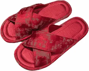 JadeRich Women's Open Toe Oriental Style Satin Slippers Cross Band Cozy Non Slip Luxury Silky Flat Slides