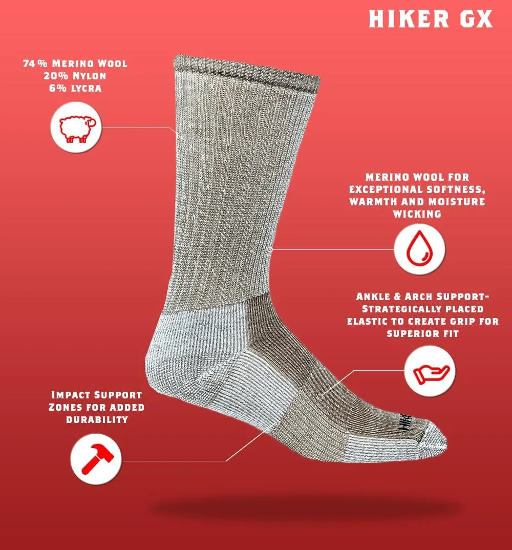 J.B. Field's Hiker GX 74% Merino Wool Hiking Crew Sock, All Season, Trekking & Outdoor Activity, 3 Pairs