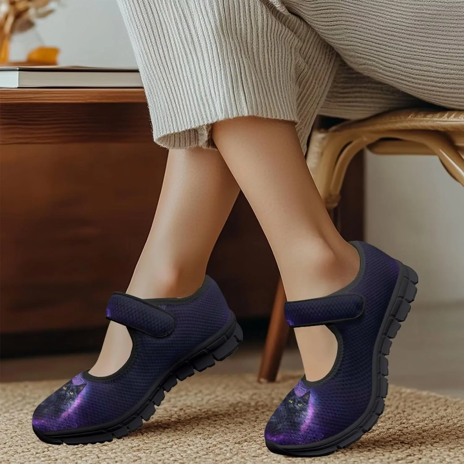 Jeiento Womens Casual Shoes Cartoon Cats Comfy Non Slip Dressy Shoes Walking Flat Shoes Slip-On