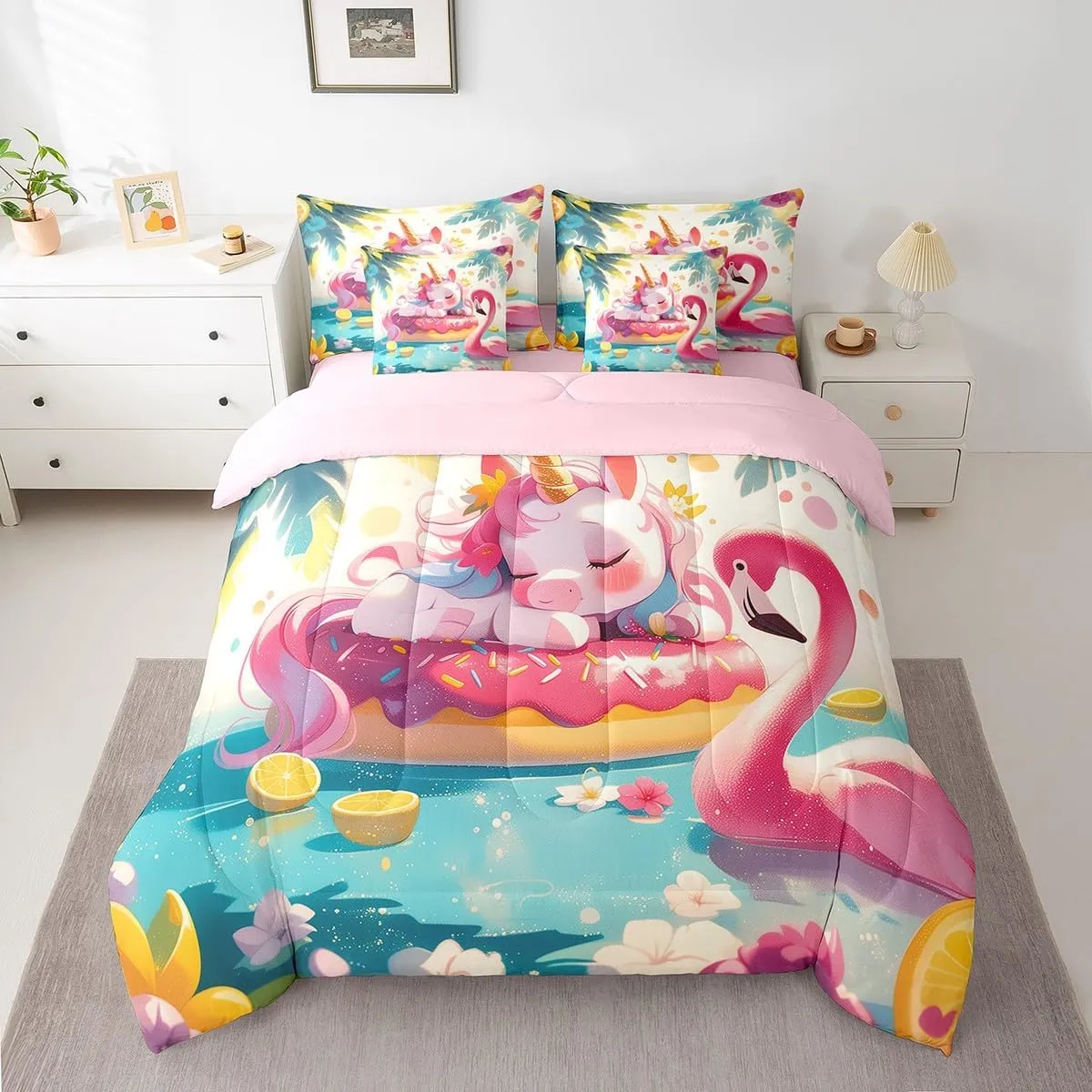 jejeloiu Girls Unicorn Comforter Set with Sheets King Size 7 Pieces Tropical Flamingo Pattern Bedding Set for Kids Boys Summer Tropical Palm Leaves Flowers Lemon Bed in a Bag Room Decor