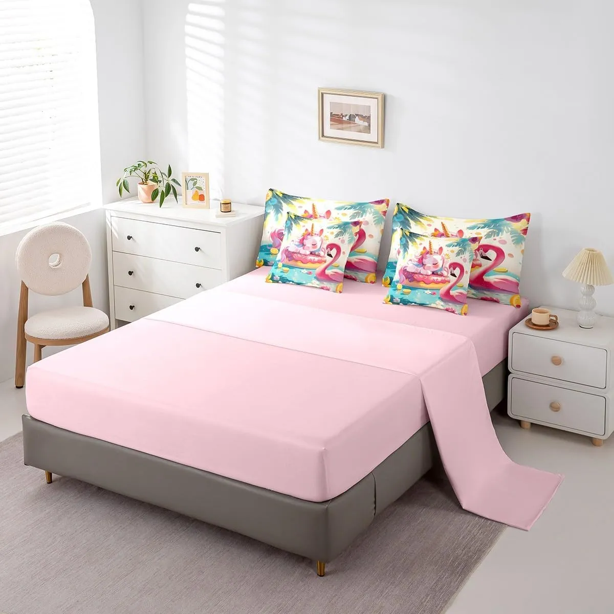 jejeloiu Girls Unicorn Comforter Set with Sheets King Size 7 Pieces Tropical Flamingo Pattern Bedding Set for Kids Boys Summer Tropical Palm Leaves Flowers Lemon Bed in a Bag Room Decor