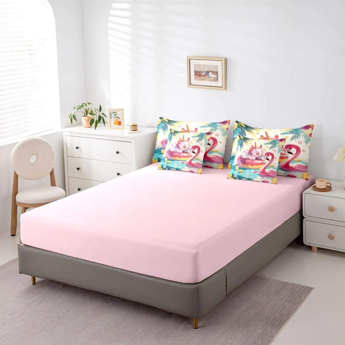 jejeloiu Girls Unicorn Comforter Set with Sheets King Size 7 Pieces Tropical Flamingo Pattern Bedding Set for Kids Boys Summer Tropical Palm Leaves Flowers Lemon Bed in a Bag Room Decor
