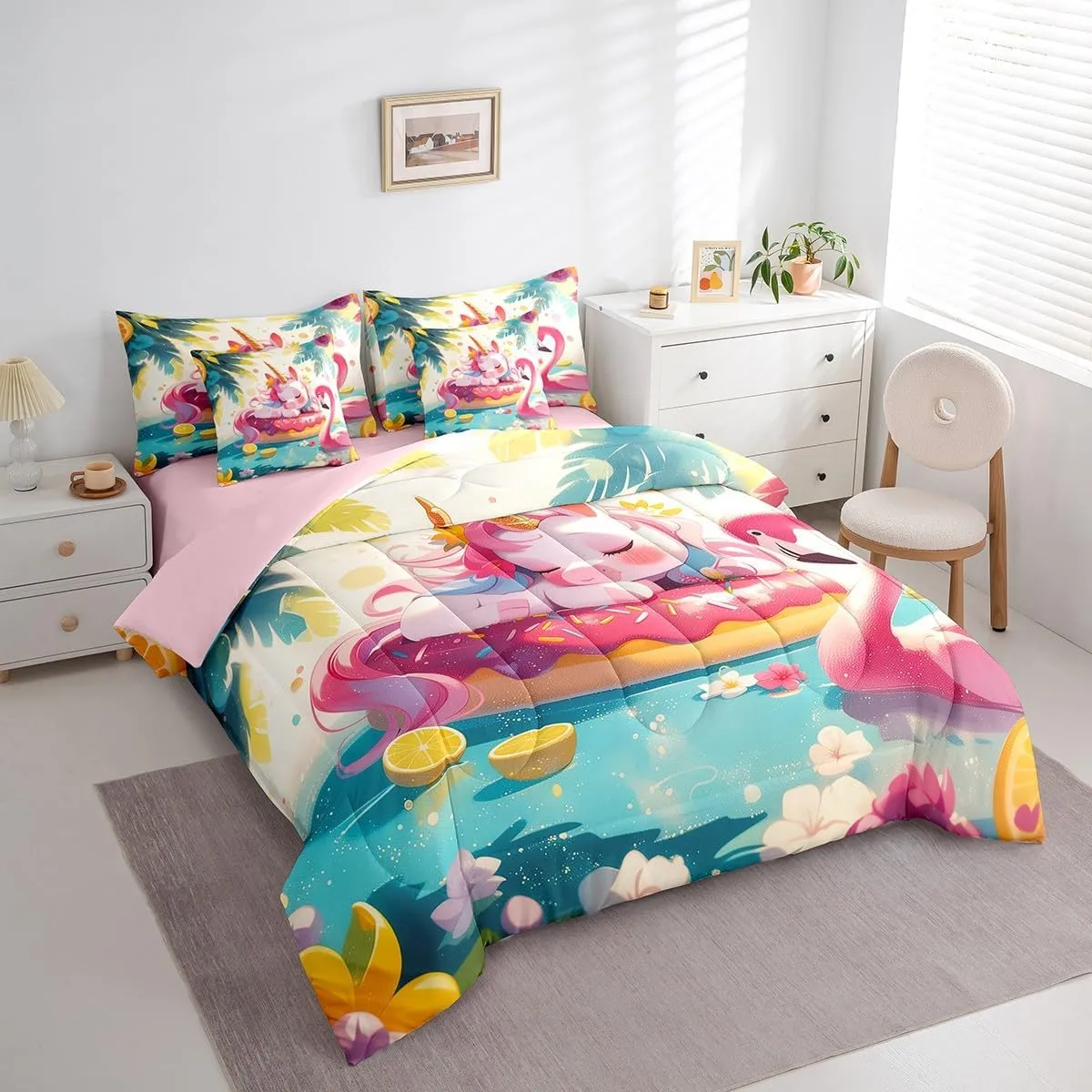 jejeloiu Girls Unicorn Comforter Set with Sheets King Size 7 Pieces Tropical Flamingo Pattern Bedding Set for Kids Boys Summer Tropical Palm Leaves Flowers Lemon Bed in a Bag Room Decor