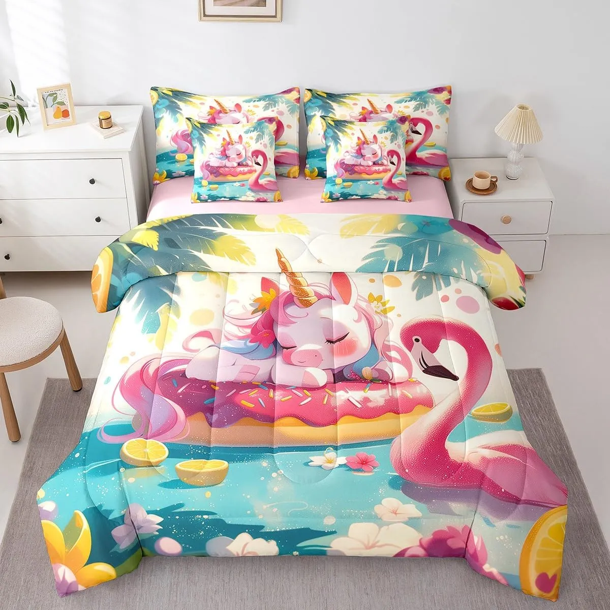 jejeloiu Girls Unicorn Comforter Set with Sheets King Size 7 Pieces Tropical Flamingo Pattern Bedding Set for Kids Boys Summer Tropical Palm Leaves Flowers Lemon Bed in a Bag Room Decor