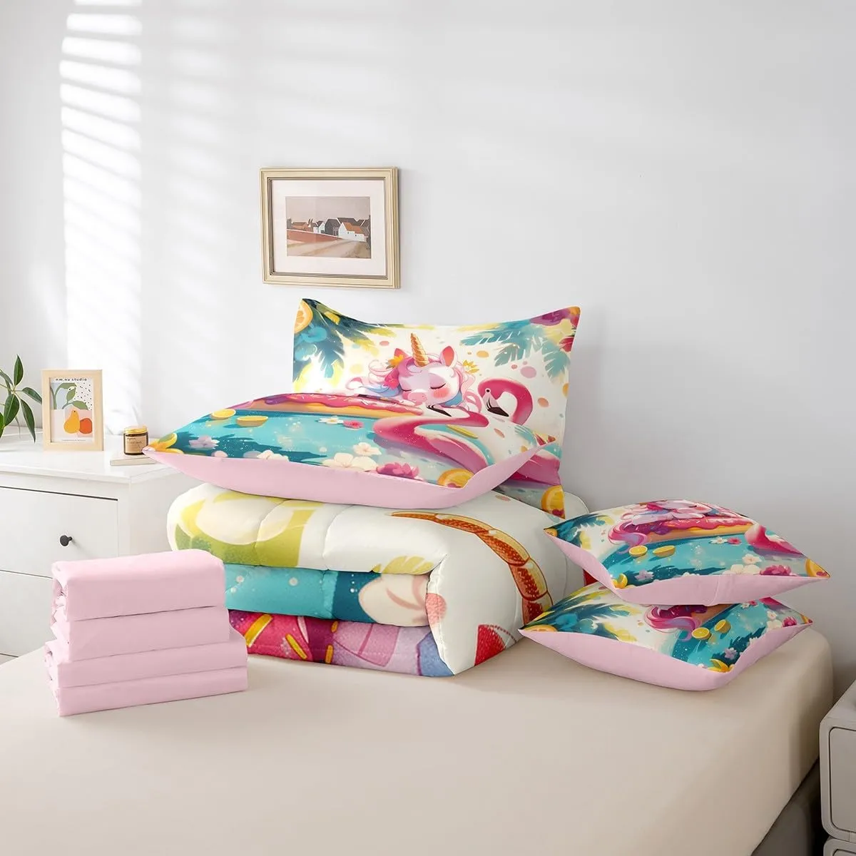 jejeloiu Girls Unicorn Comforter Set with Sheets King Size 7 Pieces Tropical Flamingo Pattern Bedding Set for Kids Boys Summer Tropical Palm Leaves Flowers Lemon Bed in a Bag Room Decor