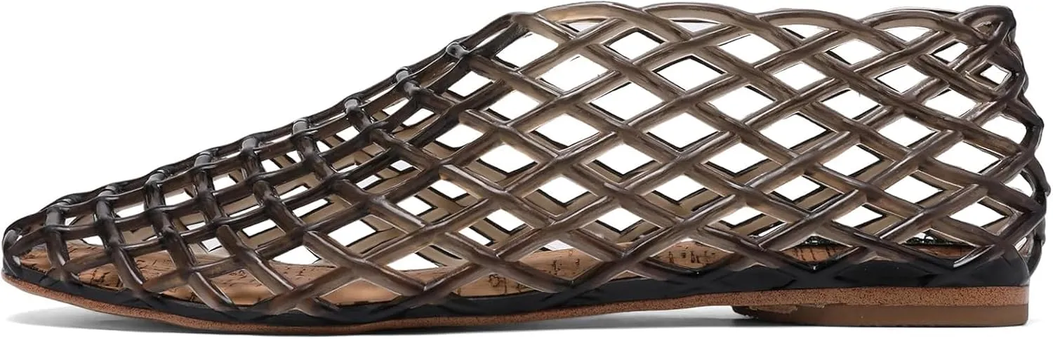 Jelly Mesh Ballet Flats for Women Fishnet Adult Clear Hollow,Flat Sandals Round Toe Slip On Beach Balleria Flat Shoes