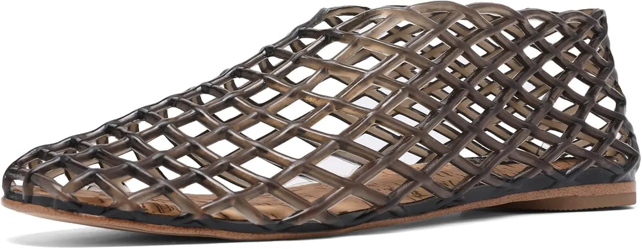Jelly Mesh Ballet Flats for Women Fishnet Adult Clear Hollow,Flat Sandals Round Toe Slip On Beach Balleria Flat Shoes