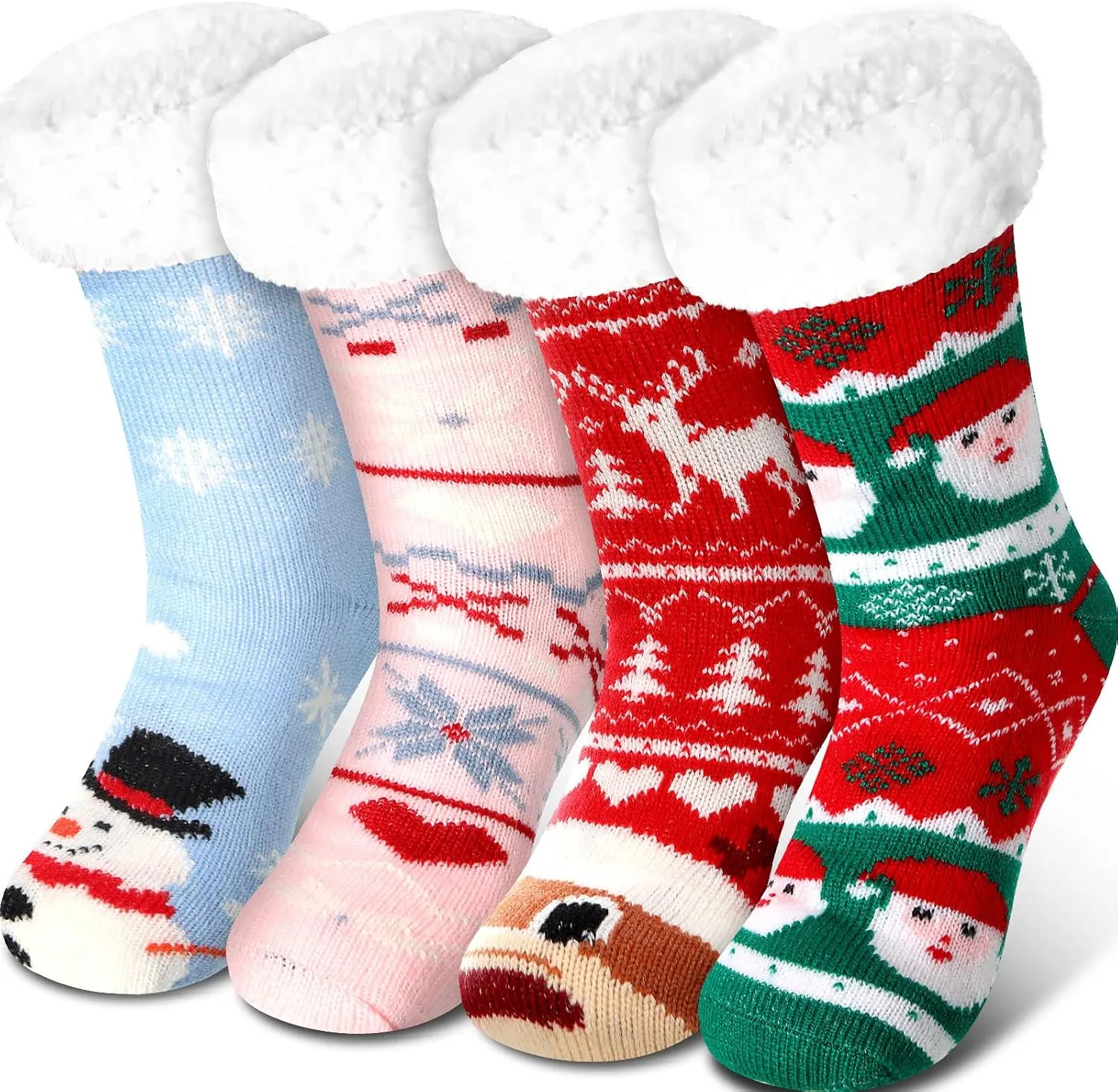 Jeyiour 4 Pairs Christmas Women's Fuzzy Slipper Socks Fleece Xmas Slipper Socks Thick Warm for Winter Christmas Party Gifts