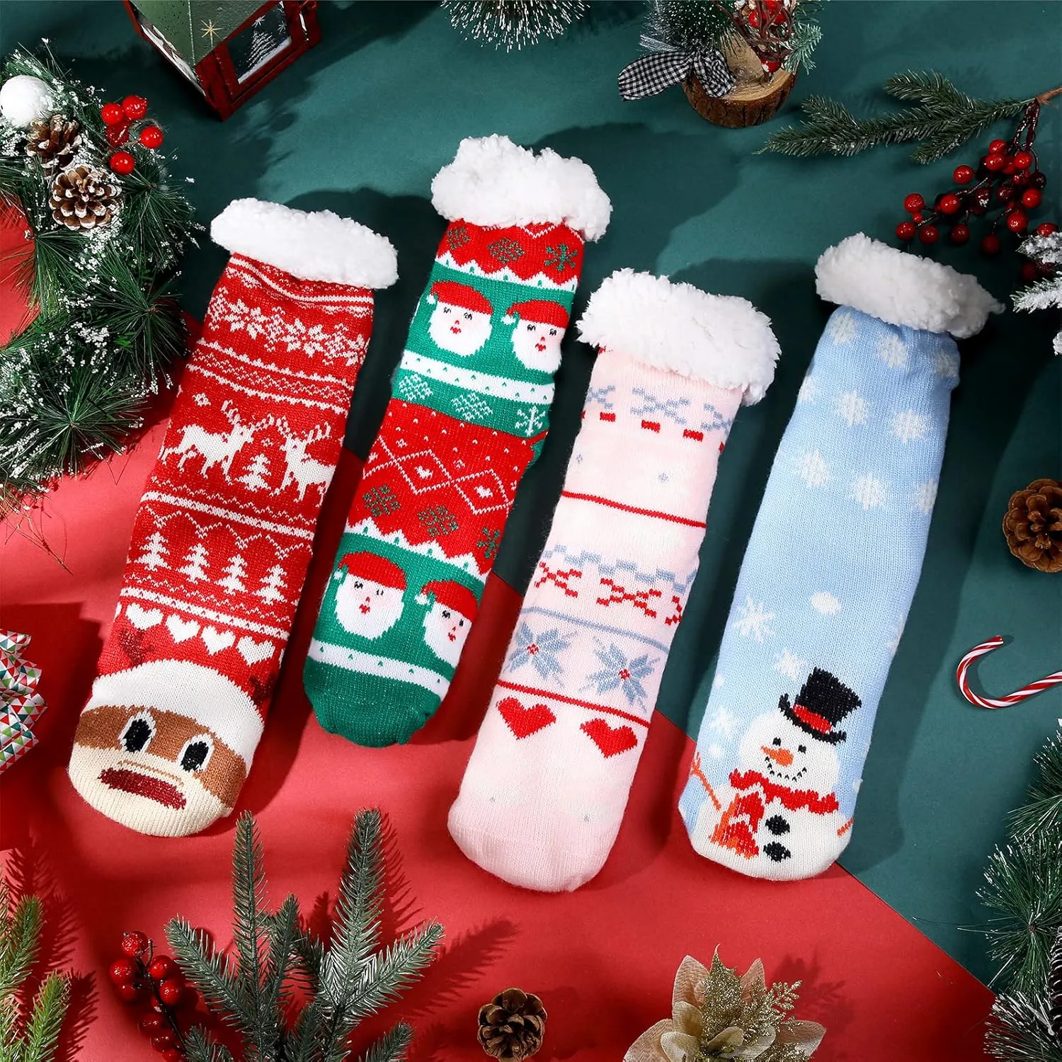 Jeyiour 4 Pairs Christmas Women's Fuzzy Slipper Socks Fleece Xmas Slipper Socks Thick Warm for Winter Christmas Party Gifts