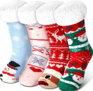 Jeyiour 4 Pairs Christmas Women's Fuzzy Slipper Socks Fleece Xmas Slipper Socks Thick Warm for Winter Christmas Party Gifts