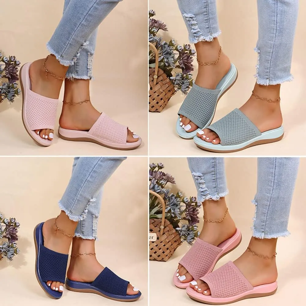 JITUUE Women's Mesh Synthetic Leather Open Toe Platform Slippers Cushioned Sole Flat Sandals