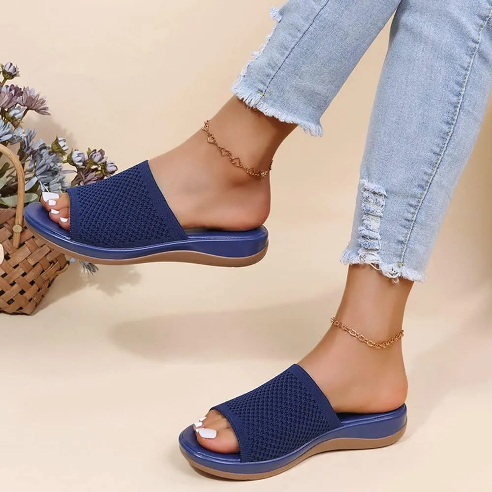 JITUUE Women's Mesh Synthetic Leather Open Toe Platform Slippers Cushioned Sole Flat Sandals