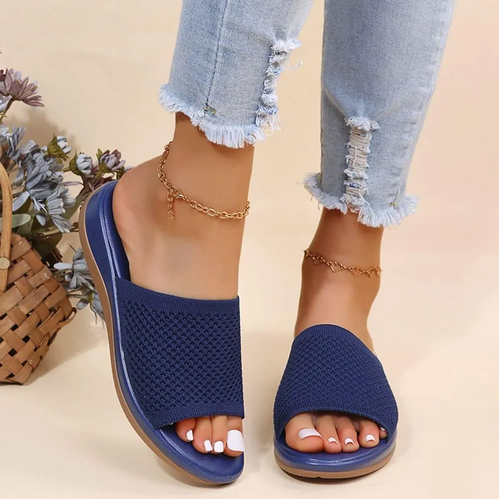 JITUUE Women's Mesh Synthetic Leather Open Toe Platform Slippers Cushioned Sole Flat Sandals
