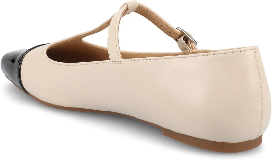 Journee Collection Womens Theah Mary Jane Buckle T-Strap Dress Flats Cushioned Two Tone Square Cap Toe Fashion Shoe