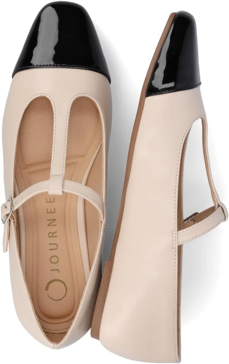 Journee Collection Womens Theah Mary Jane Buckle T-Strap Dress Flats Cushioned Two Tone Square Cap Toe Fashion Shoe