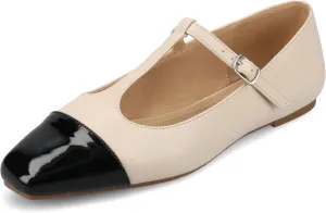Journee Collection Womens Theah Mary Jane Buckle T-Strap Dress Flats Cushioned Two Tone Square Cap Toe Fashion Shoe