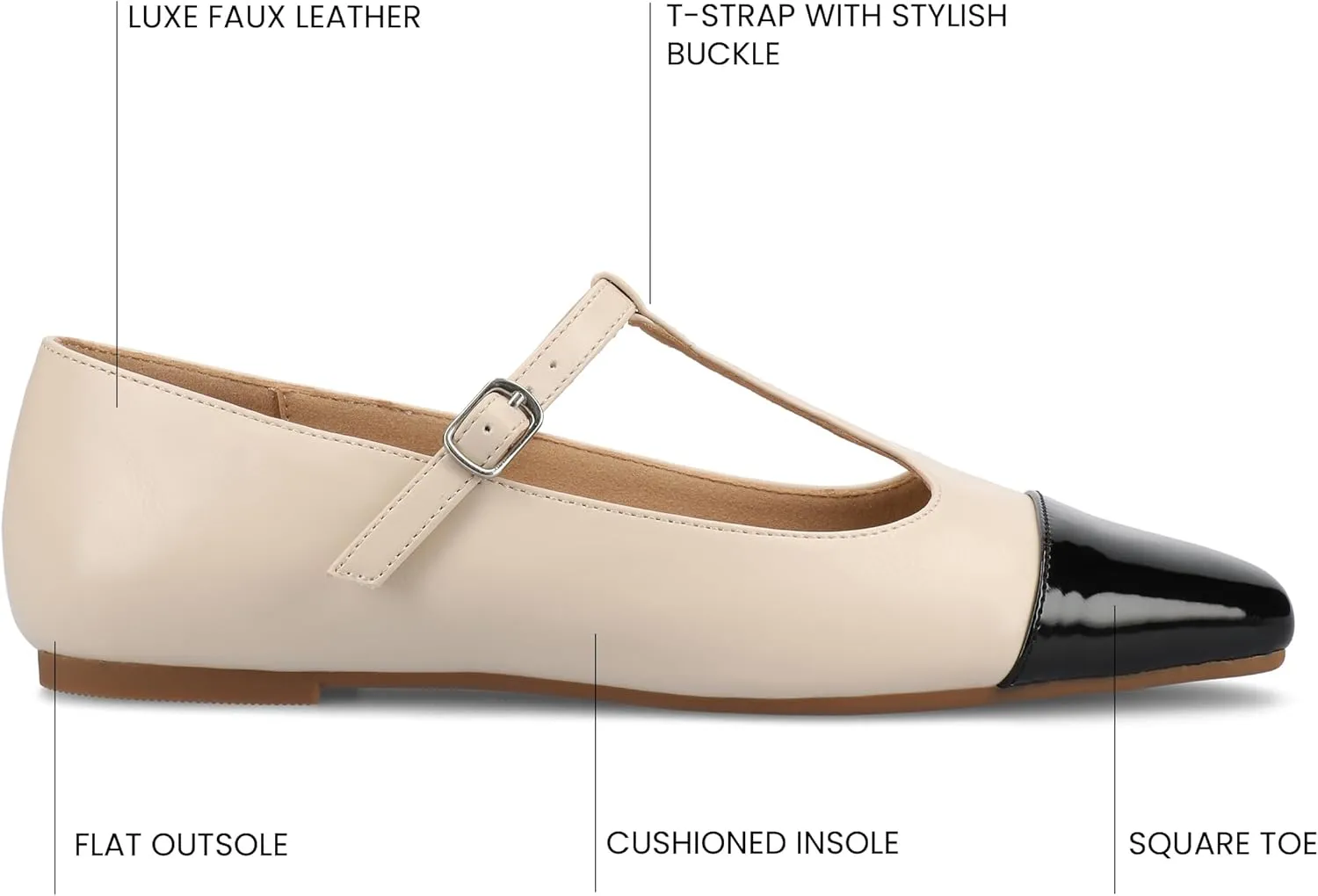 Journee Collection Womens Theah Mary Jane Buckle T-Strap Dress Flats Cushioned Two Tone Square Cap Toe Fashion Shoe