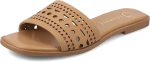 Journee Womens cushioned footbed Faux Leather Sandals Flat Sole Brodie Laser Cutout Straps