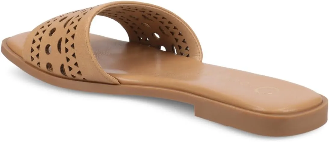 Journee Womens cushioned footbed Faux Leather Sandals Flat Sole Brodie Laser Cutout Straps