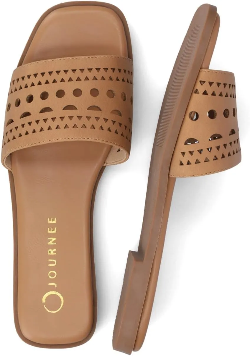 Journee Womens cushioned footbed Faux Leather Sandals Flat Sole Brodie Laser Cutout Straps