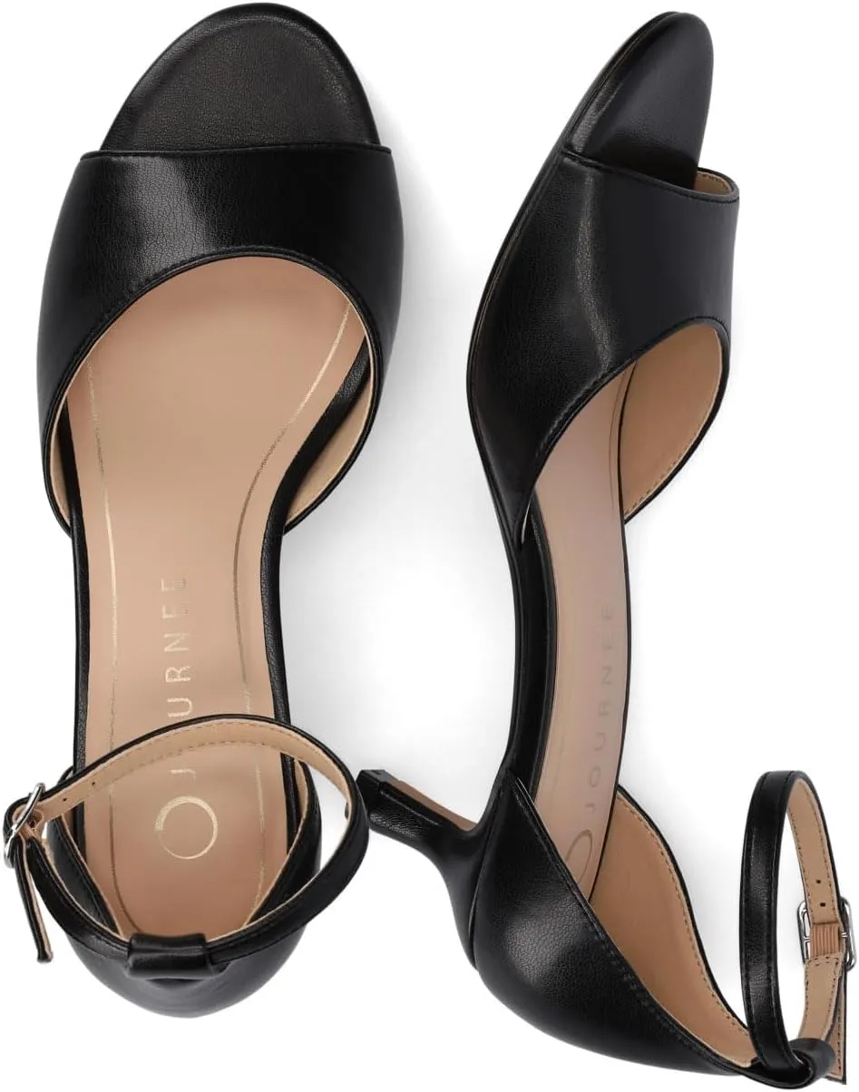 Journee Womens cushioned footbeds Jezzie kitten heel faux leather ankle strap and buckle open toe 2-inch heel