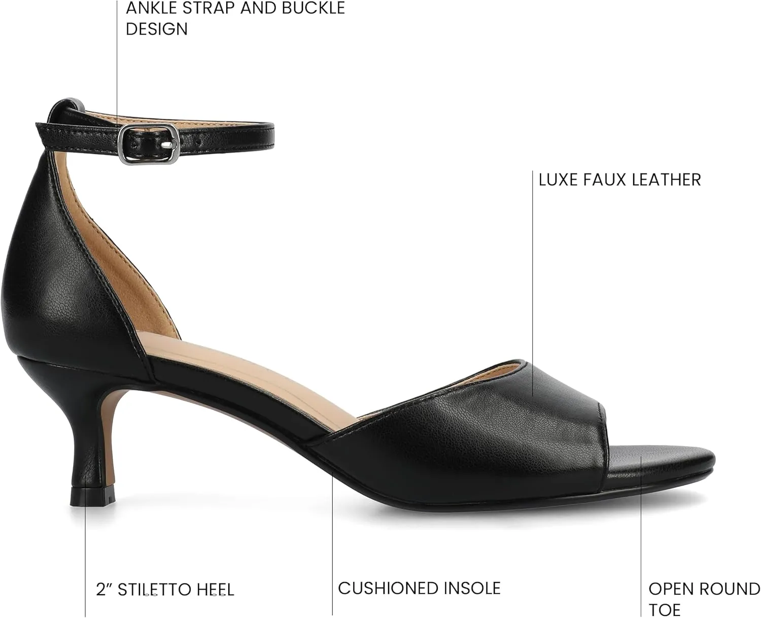 Journee Womens cushioned footbeds Jezzie kitten heel faux leather ankle strap and buckle open toe 2-inch heel