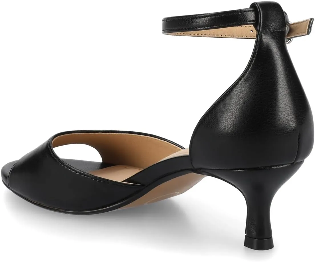 Journee Womens cushioned footbeds Jezzie kitten heel faux leather ankle strap and buckle open toe 2-inch heel