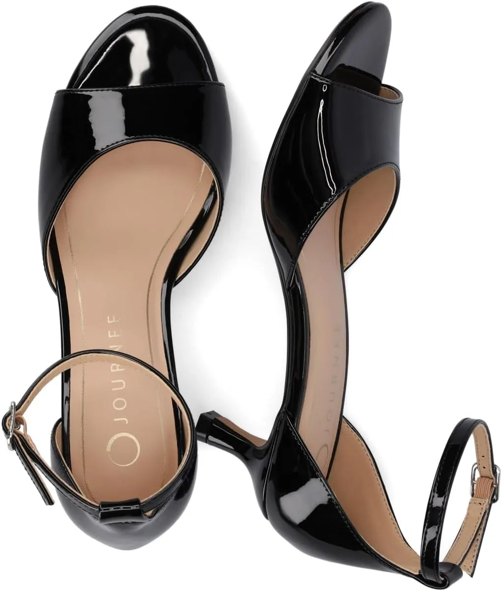 Journee Womens cushioned footbeds Jezzie kitten heel faux leather ankle strap and buckle open toe 2-inch heel