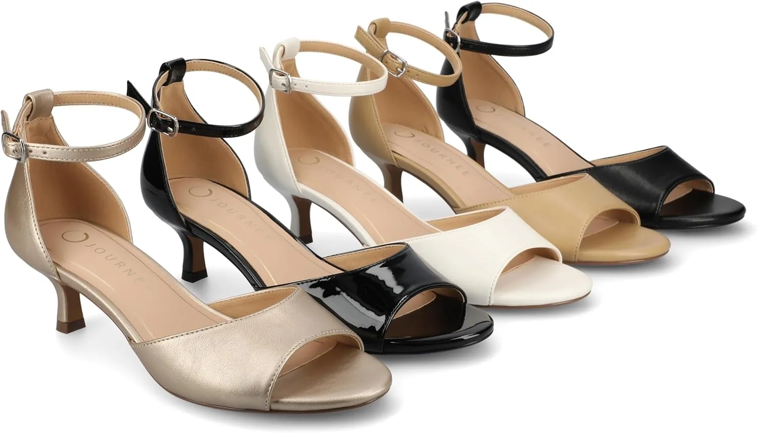 Journee Womens cushioned footbeds Jezzie kitten heel faux leather ankle strap and buckle open toe 2-inch heel