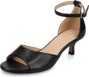 Journee Womens cushioned footbeds Jezzie kitten heel faux leather ankle strap and buckle open toe 2-inch heel