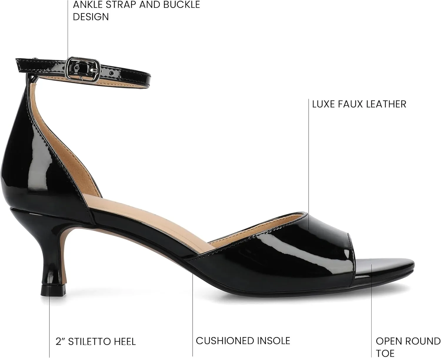 Journee Womens cushioned footbeds Jezzie kitten heel faux leather ankle strap and buckle open toe 2-inch heel