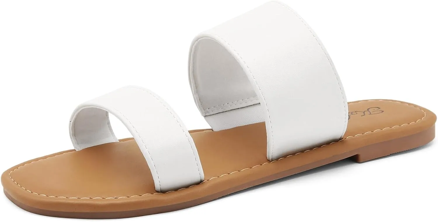 katliu Women's Flat Sandals Two Strap Slide Sandals Open Toe