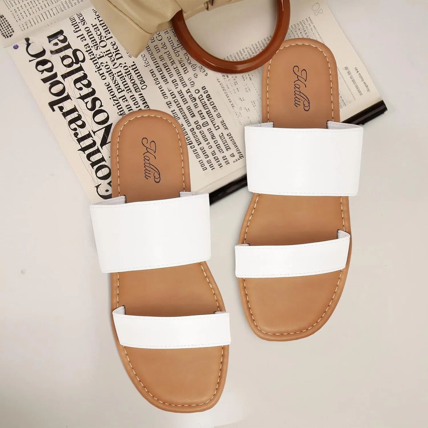 katliu Women's Flat Sandals Two Strap Slide Sandals Open Toe