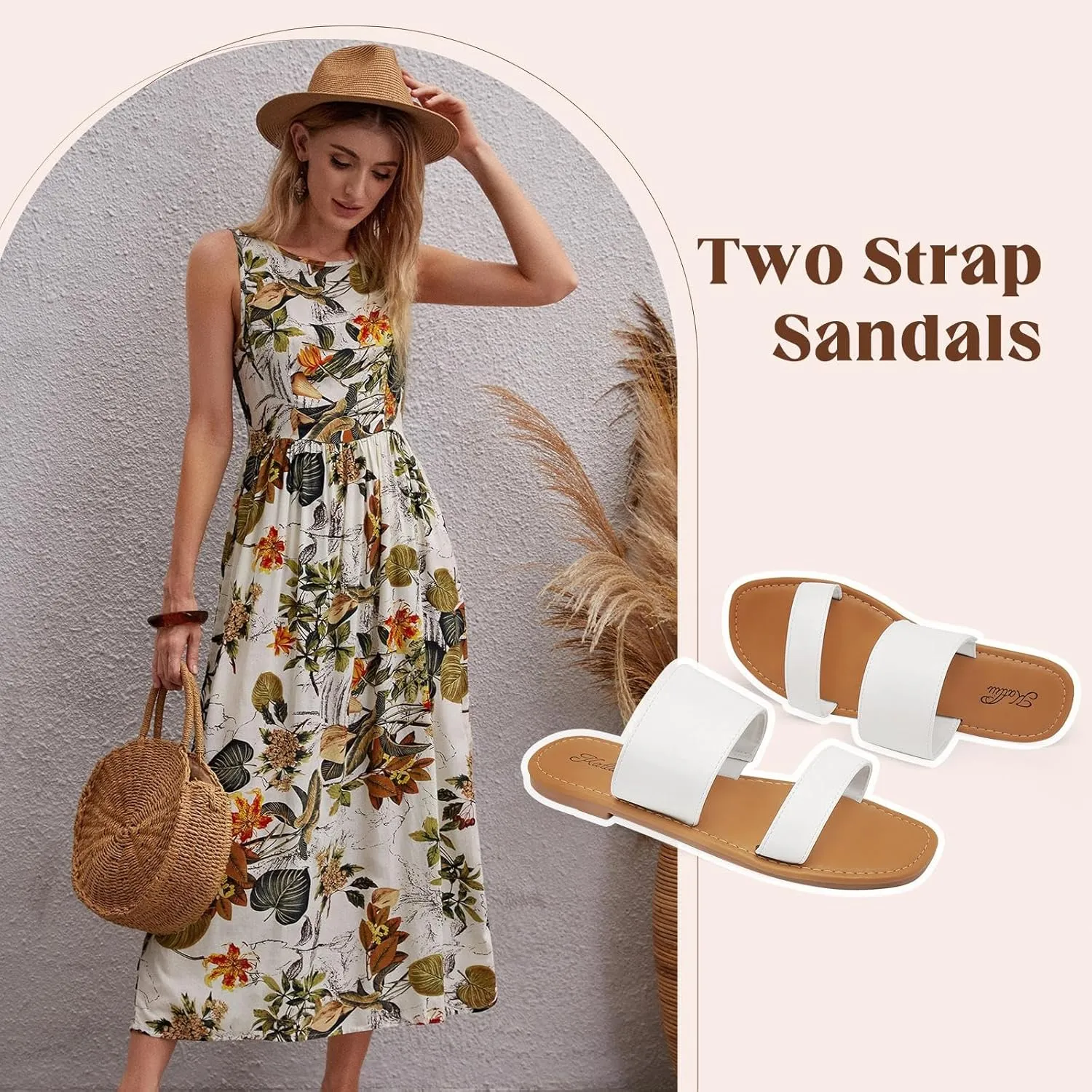 katliu Women's Flat Sandals Two Strap Slide Sandals Open Toe