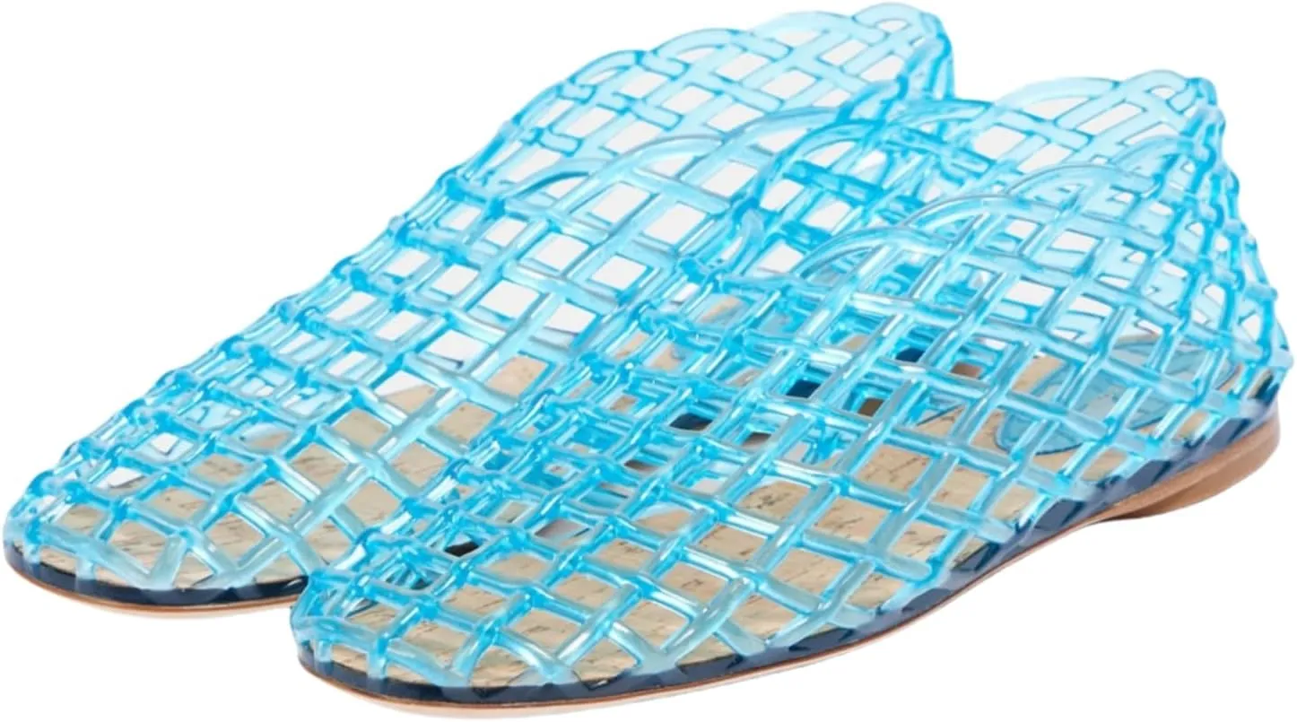 keleimusi Women's Woven Jelly Flats Slip-On Square Toe Mesh Ballet Flats Sole Lightweight Breathable Summer Slides Clear Hollow Jelly Sandals Beach Ballerina Shoes