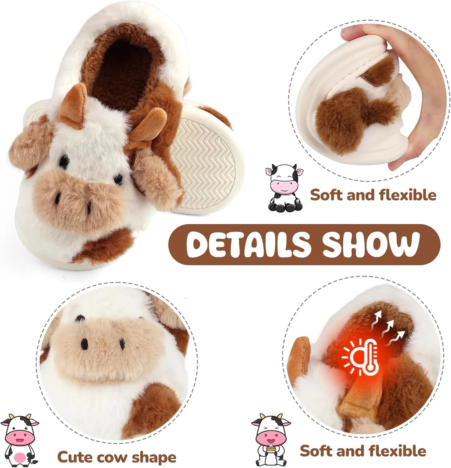 Kids Cow Slippers - Toddler Boys & Girls Soft Plush Animal Slippers - Winter Comfy Warm Fuzzy Memory Foam Non-slip Indoor/Outdoor Shoes