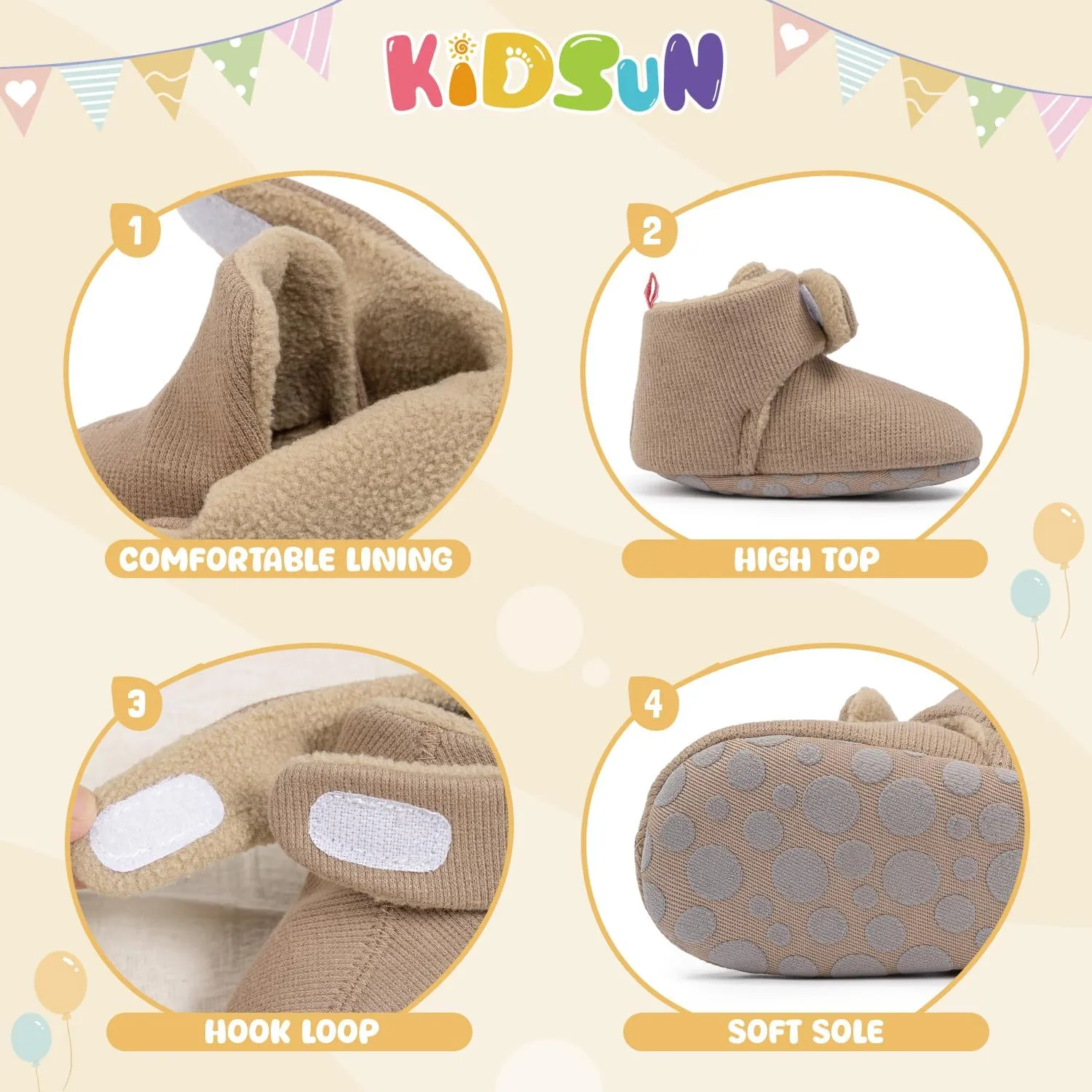 KIDSUN Infant Baby Boy Girl Cozy Fleece Bootie Newborn Stay On Slipper Winter Warm Gripper Non-Slip Crib Shoes