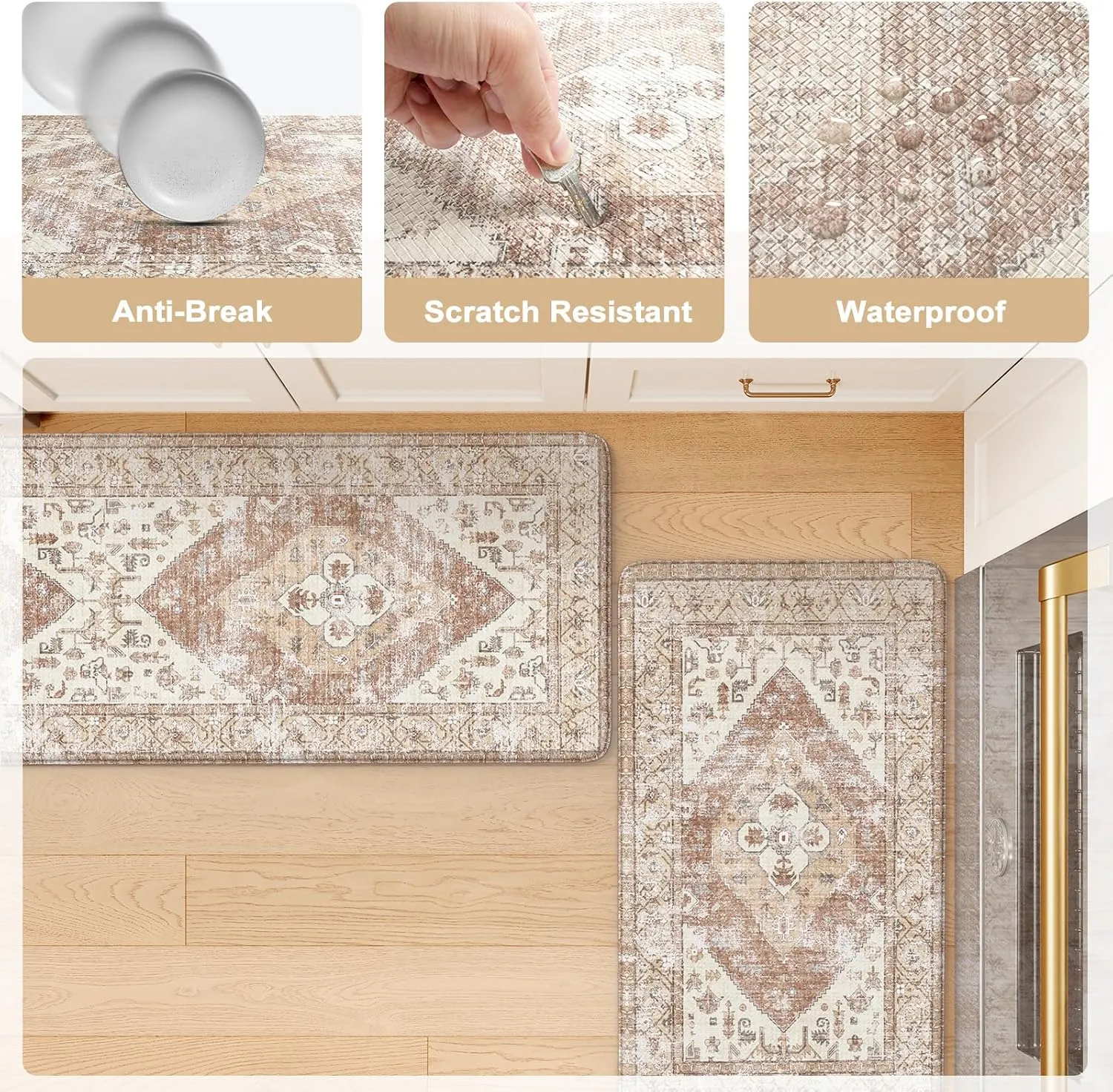 KIMODE Farmhouse Kitchen Mats,Anti Fatigue Kitchen Rugs Sets of 2, Non Slip Waterproof Kitchen Floor Mats, Ergonomic Cushioned Comfort Standing Mat for Laundry, Office, Sink,Desk,Mutil-Khaki