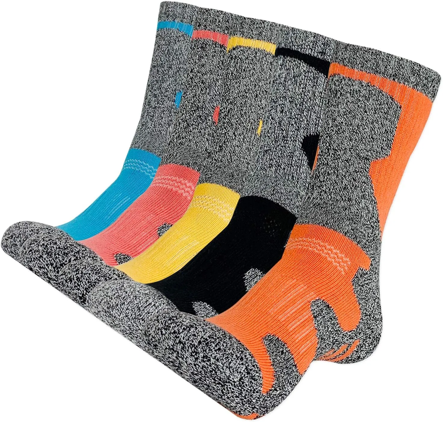 KONY Womens Cotton Full Cushioned Hiking Socks, 5 Pack Moisture Wicking Outdoor Trekking Crew Socks