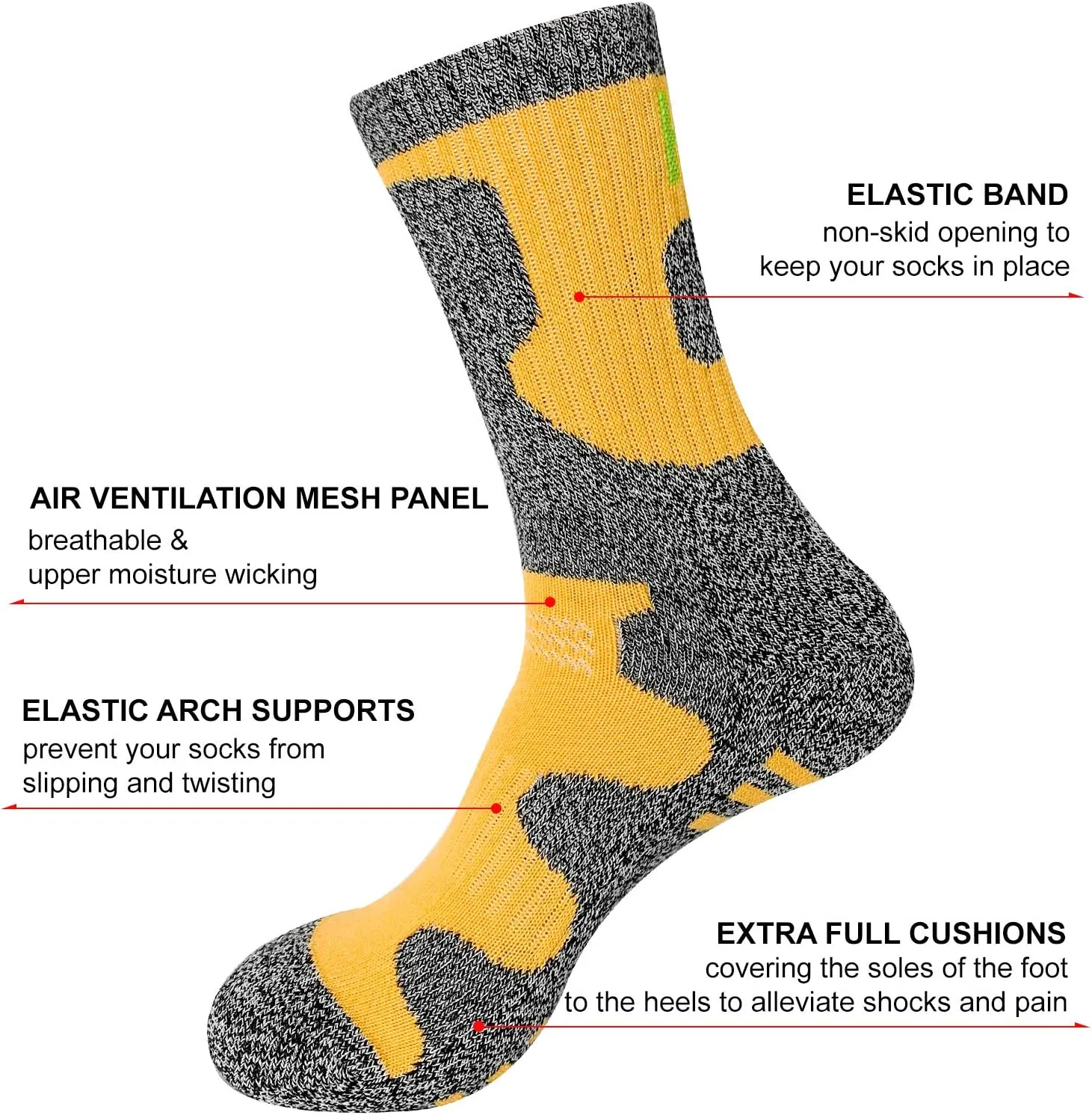 KONY Womens Cotton Full Cushioned Hiking Socks, 5 Pack Moisture Wicking Outdoor Trekking Crew Socks