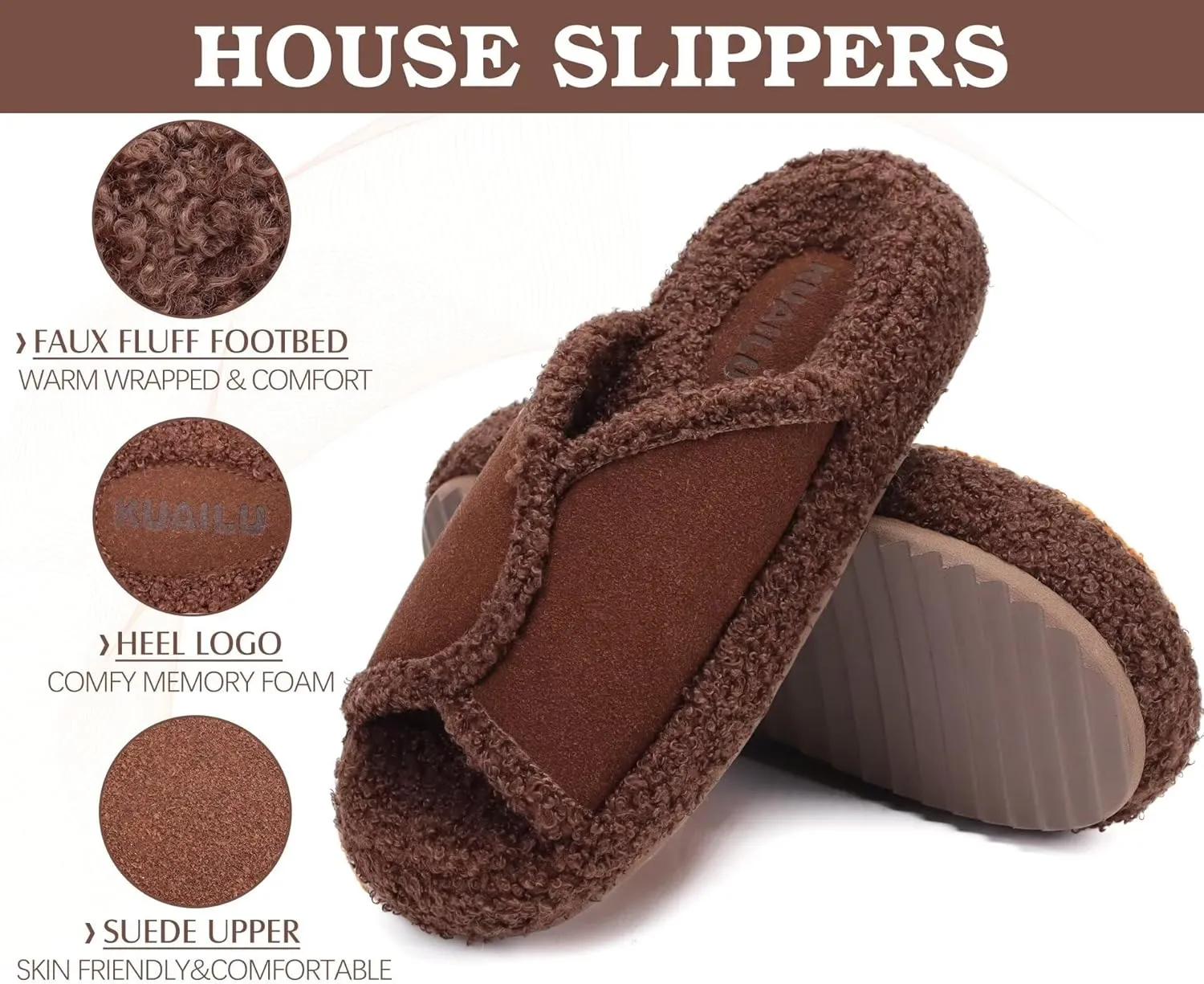 KUAILU Women Cozy Slippers Comfortable Suede Faux Fluff Warm Sherpa Lining House slippers for ladies Bedroom Memory Foam Cushioned Orthotic Open Toe Slides Thick Hard Sole Indoor&Outdoor (US Size 5-11)