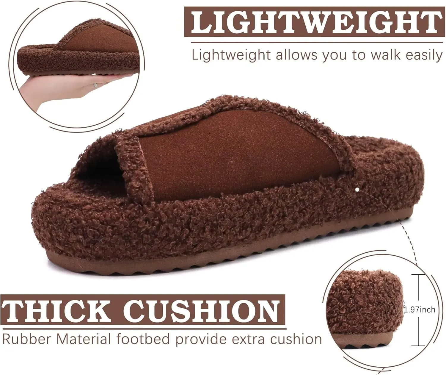 KUAILU Women Cozy Slippers Comfortable Suede Faux Fluff Warm Sherpa Lining House slippers for ladies Bedroom Memory Foam Cushioned Orthotic Open Toe Slides Thick Hard Sole Indoor&Outdoor (US Size 5-11)