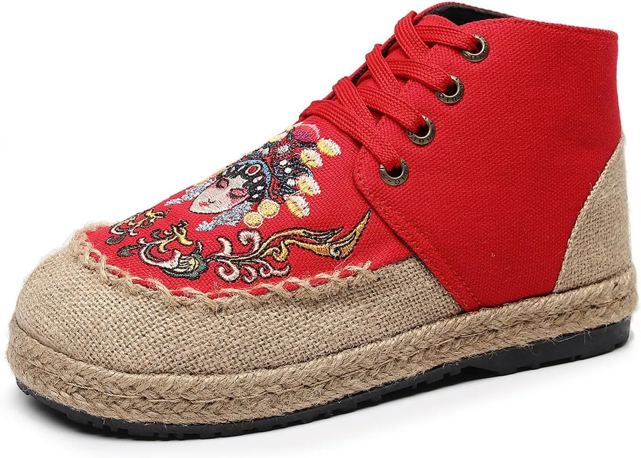 Lace Up Women's Retro Handmade Linen Shoes, Traditional Soft Flat Heel Casual Footwear, Fashion Breathable Flat Shoes,6.5,Red